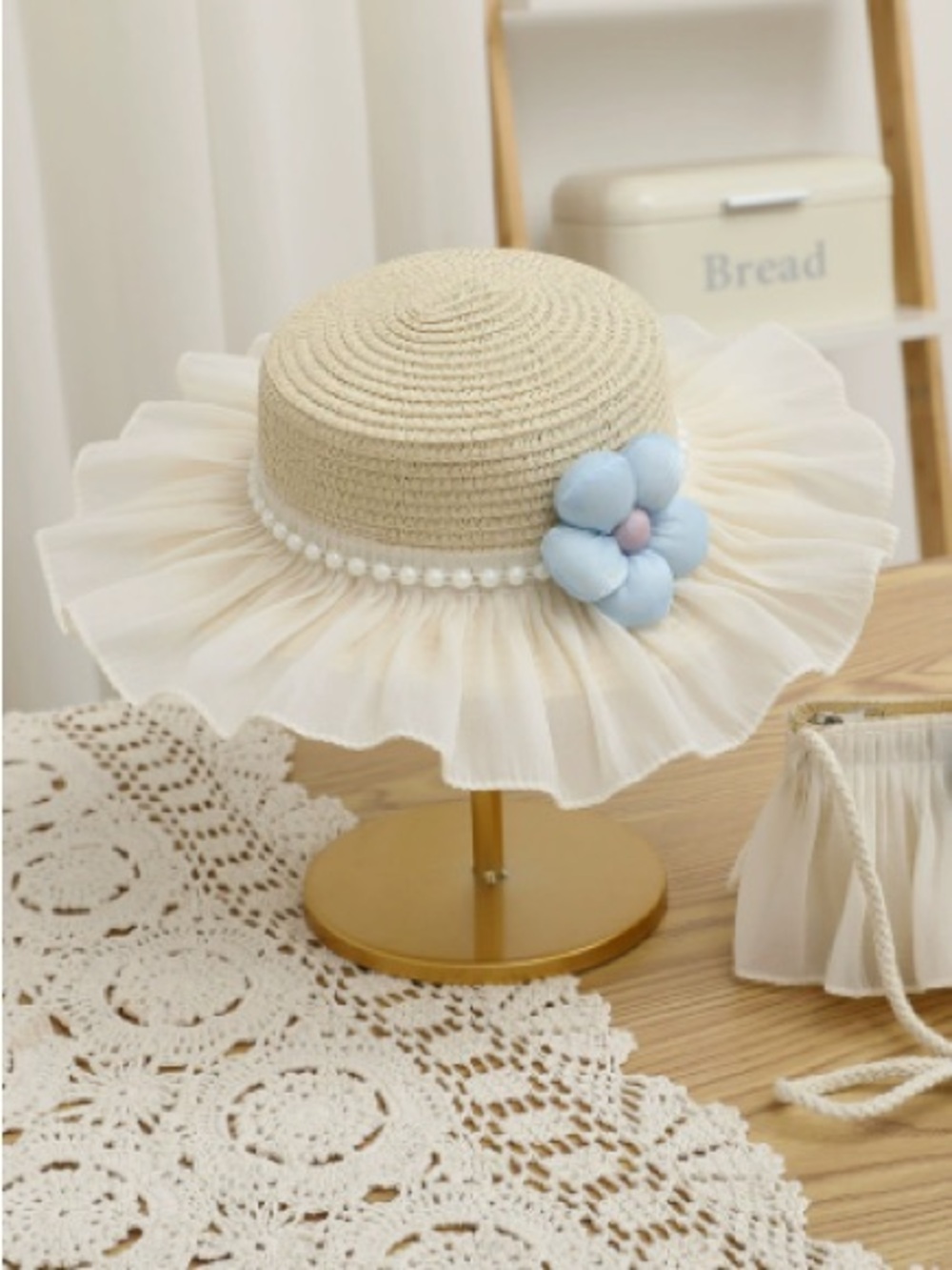 Kids Straw Sun Hat with Cream Ruffle and Blue Flower